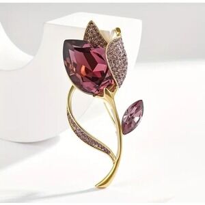 Flower Brooch Pin Gold Tone with Purple Rhinestones for Women Jewelry‎